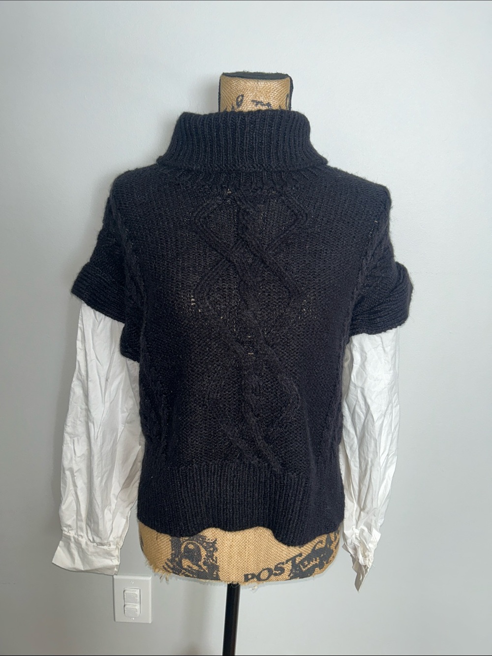 Black Short-Sleeve Cable Turtleneck Sweater